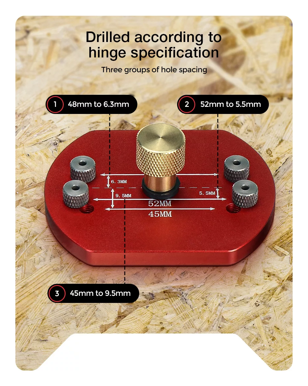 Drilled according to hinge specification with three groups of hole spacing
