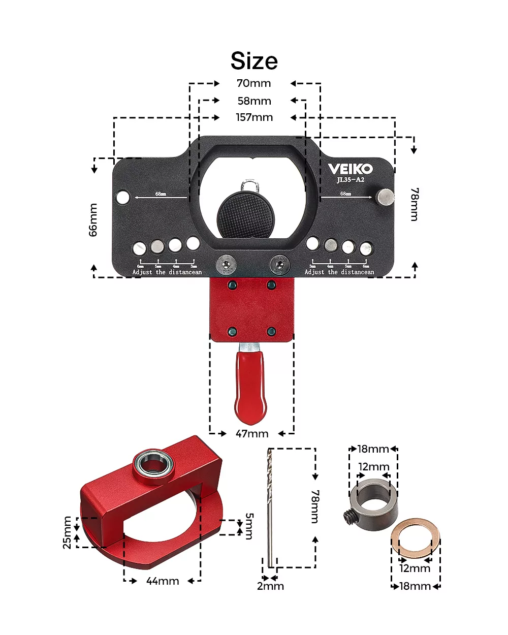 Sizes and dimensions of all pieces of 35MM Hinge Boring Hole Drill Guide