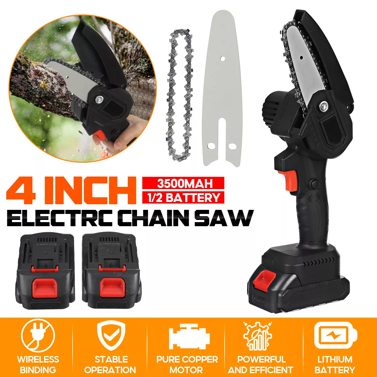 Electric Cordless Chainsaw with 2 x 3500 mAh Batteries and Fast Charger 4  Inch chain 800W 600RPM - Tydeey